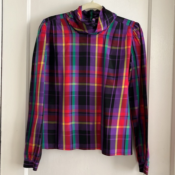 Vintage Colorful Taffeta Plaid Funnel Neck Holiday Winter Blouse Size Small - Picture 3 of 15
